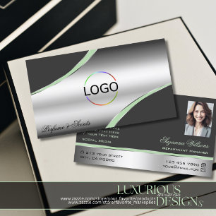 Classy Silver Grey Curved Decor Lines Logo Photo Business Card