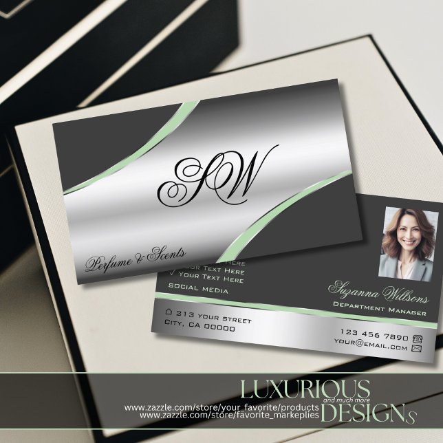 Classy Silver Grey Curved Lines Monogram and Photo Business Card (Creator Uploaded)