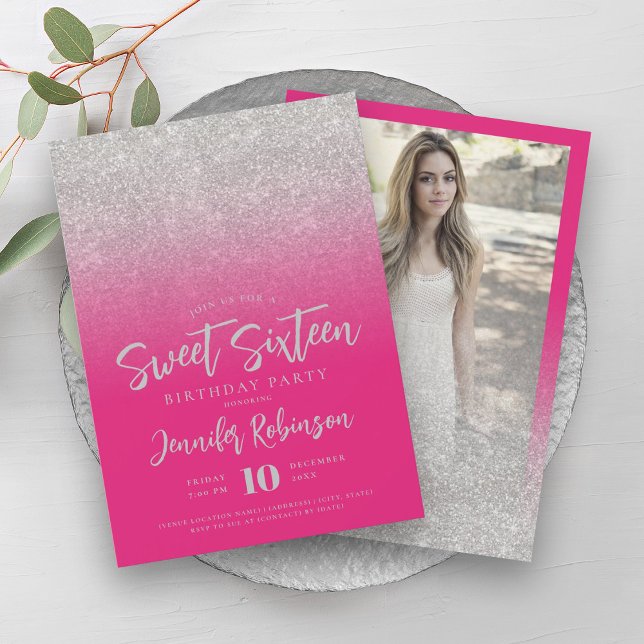 Classy Silver Hot Pink Glitter Photo Sweet 16   Invitation (Classy Silver Hot Pink Glitter Photo Sweet 16 Invitation)