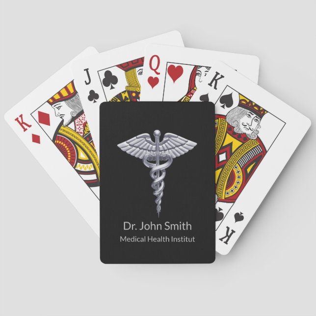 Classy Silver Medical Caduceus on Black Playing Cards (Back)