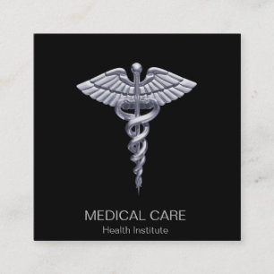 Classy Silver Medical Caduceus on Black Square Business Card
