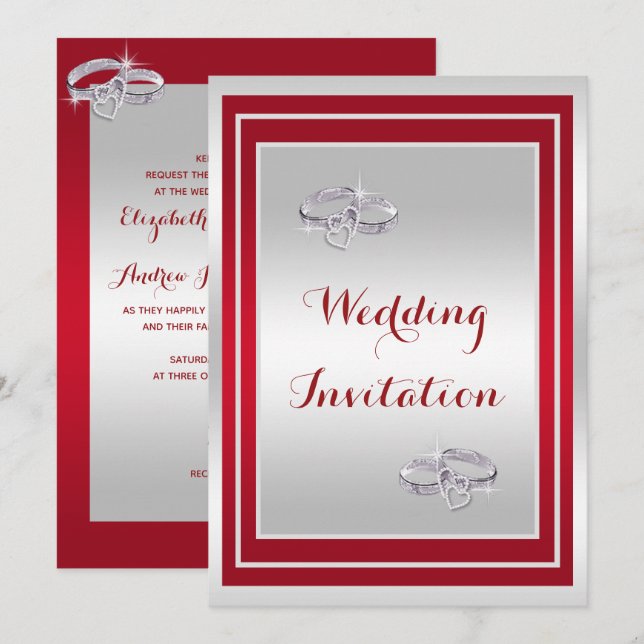 Classy Silver & Red, Diamond Wedding Rings Wedding Invitation (Front/Back)