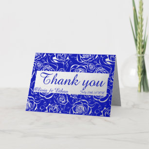 Classy Silver Roses on Royal Blue Thank You Card