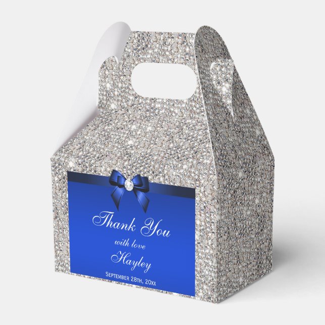 Classy Silver Sequins Blue Bow Diamond Favour Box (Front Side)