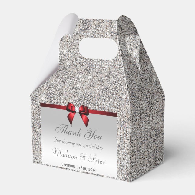 Classy Silver Sequins Red Diamond Bow Favour Box (Front Side)