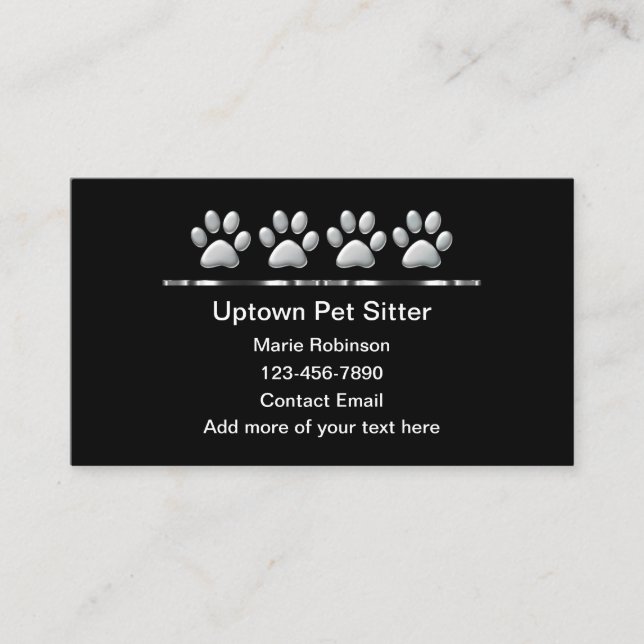 Classy Silver Tone Pet Paws Pet Sitter  Business Card (Front)