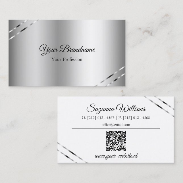 Classy Silver with Shimmery Lines and QR Code Business Card (Front/Back)