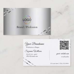Classy Silver with Shimmery Lines Logo and QR Code Business Card