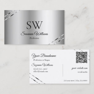 Classy Silver with Shimmery Lines Monogram QR Code Business Card
