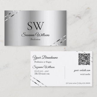 Classy Silver with Shimmery Lines Monogram QR Code Business Card