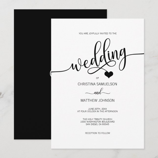 Classy Simple Black & White Heart Wedding Invitation (Front/Back)