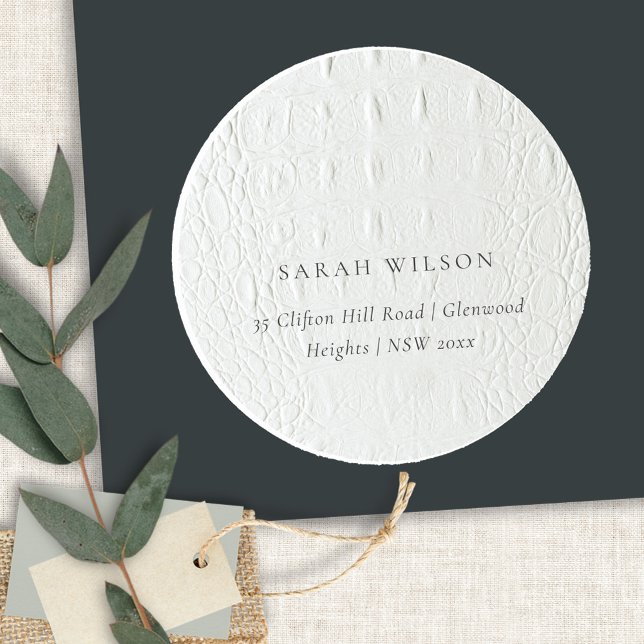 Classy Simple Ivory White Leather Texture Address Classic Round Sticker (Creator Uploaded)
