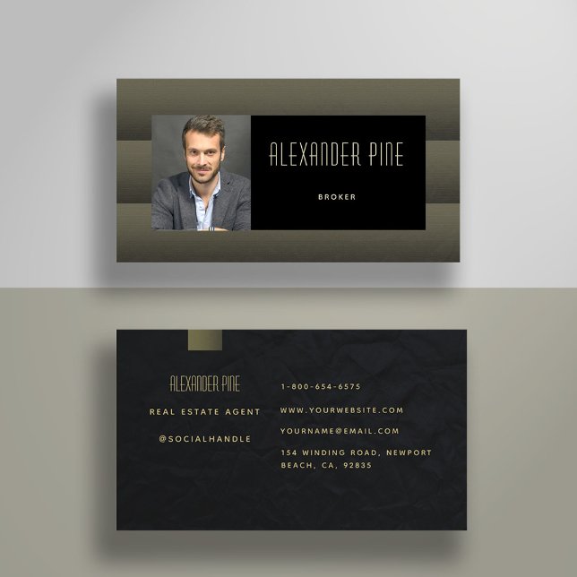 Classy Simple Modern Black Gold Professional Photo Business Card (real estate business card elegant professional modern simple classy photo black gold pattern)