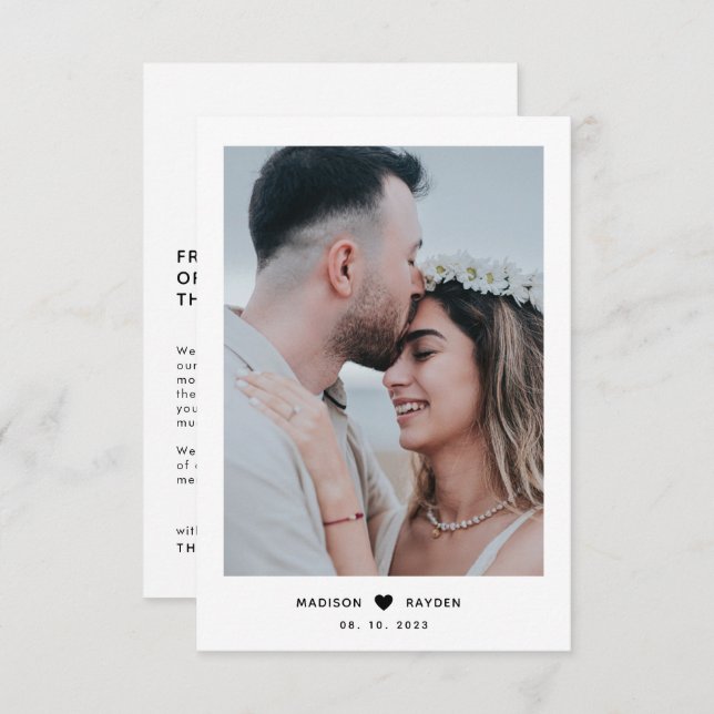 Classy Simple Photo Script with Heart Wedding Thank You Card (Front/Back)