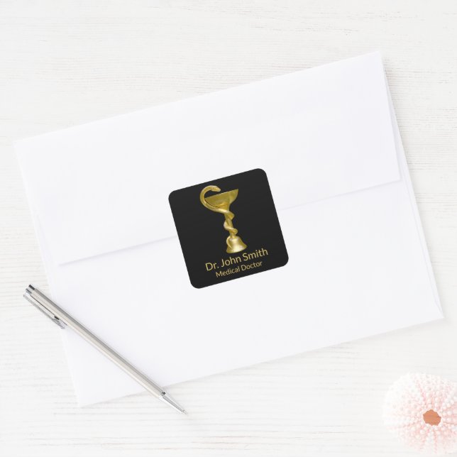 Classy Snake Bowl Medical Hygieia Gold Caduceus Square Sticker (Envelope)