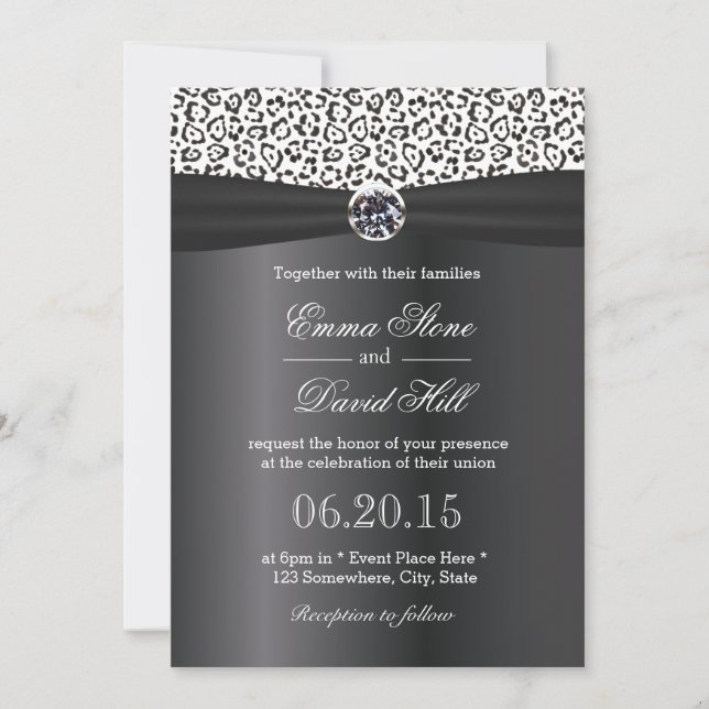 Classy Snow Leopard Print Black Ribbon Wedding Invitation (Front)