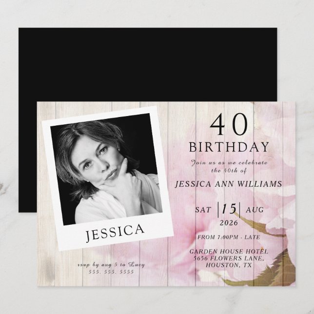 Classy Sophisticated Photo Feminine Birthday Invitation (Front/Back)