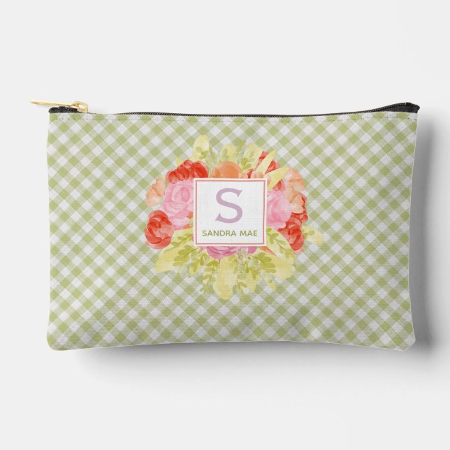 Classy Spring Green Check Pattern Cosmetic Makeup Accessory Pouch (Front)