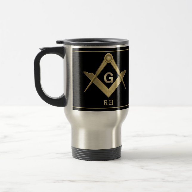 Classy Square & Compass Monogrammed Travel Mug (Left)