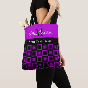 Classy Squares Pattern Black and Purple Monogram Tote Bag