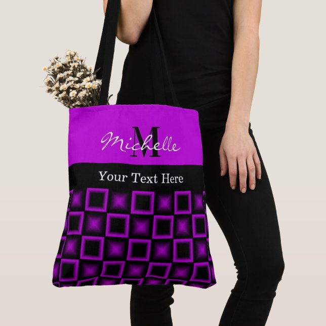 Classy Squares Pattern Black and Purple Monogram Tote Bag (Close Up)