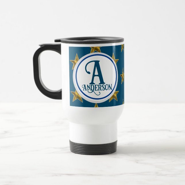 Classy Star Monogram Family Name Letter Nautical Travel Mug (Left)