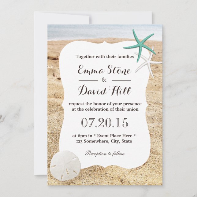 Classy Starfish & Sand Dollar Beach Wedding Invitation (Front)