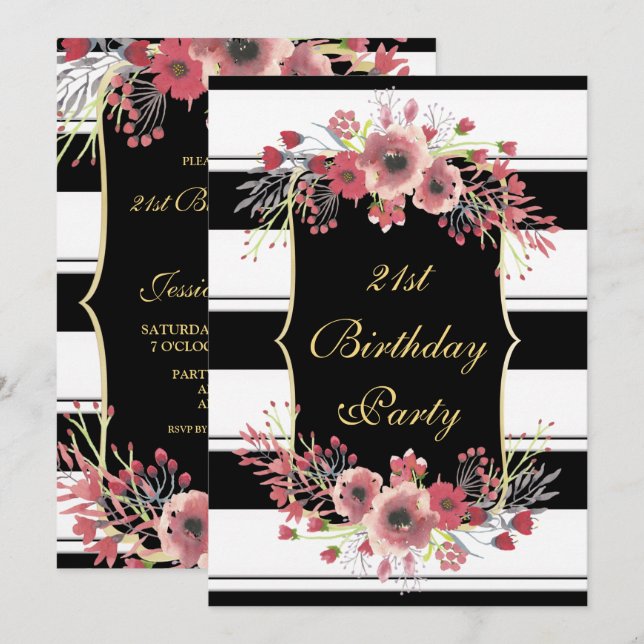 Classy Stripes Floral Watercolor 21st Birthday Invitation (Front/Back)