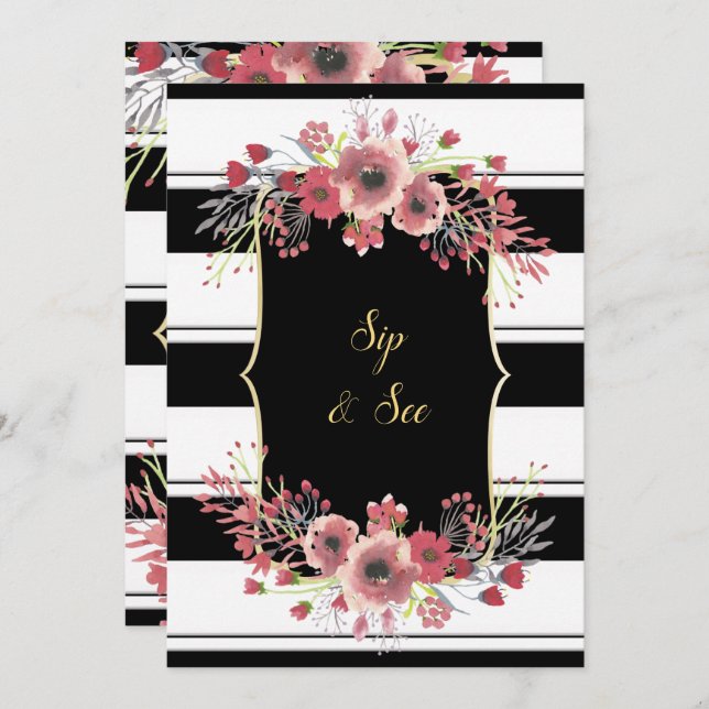 Classy Stripes Floral Watercolor Sip & See Invitation (Front/Back)