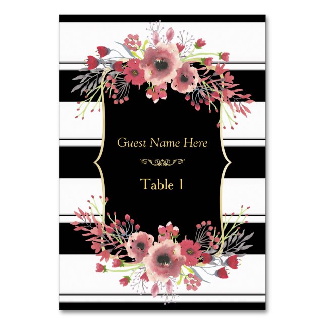 Classy Stripes Floral Watercolor Table Number (Front)