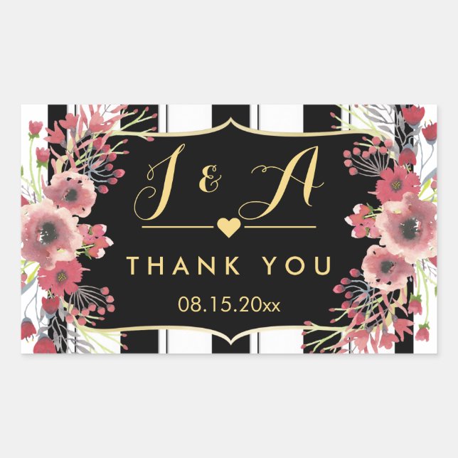 Classy Stripes Floral Watercolor Thank you Rectangular Sticker (Front)