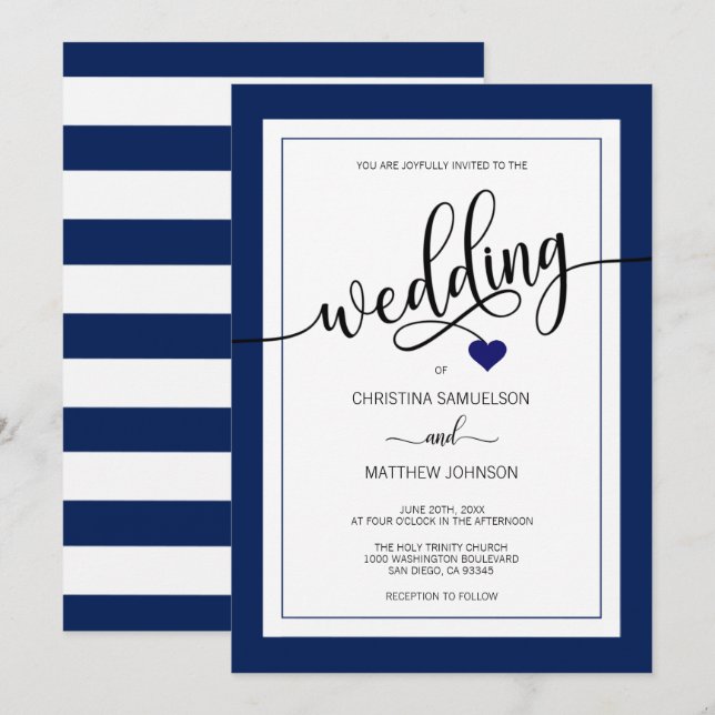Classy Stripes Navy Blue Nautical Wedding Invitation (Front/Back)