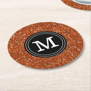 Classy Stylish Brown Glitter Custom Monogram Round Paper Coaster