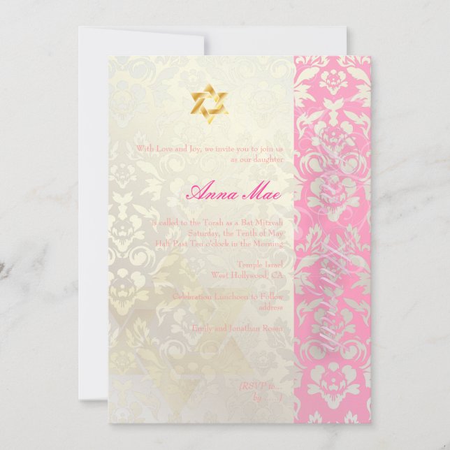 Classy + Stylish Damask Bat Mitzvah/posh pink Invitation (Front)
