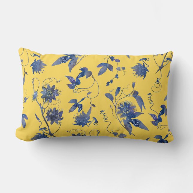 Classy Stylish Elegant Blue Passion Flowers Yellow Lumbar Cushion (Front)
