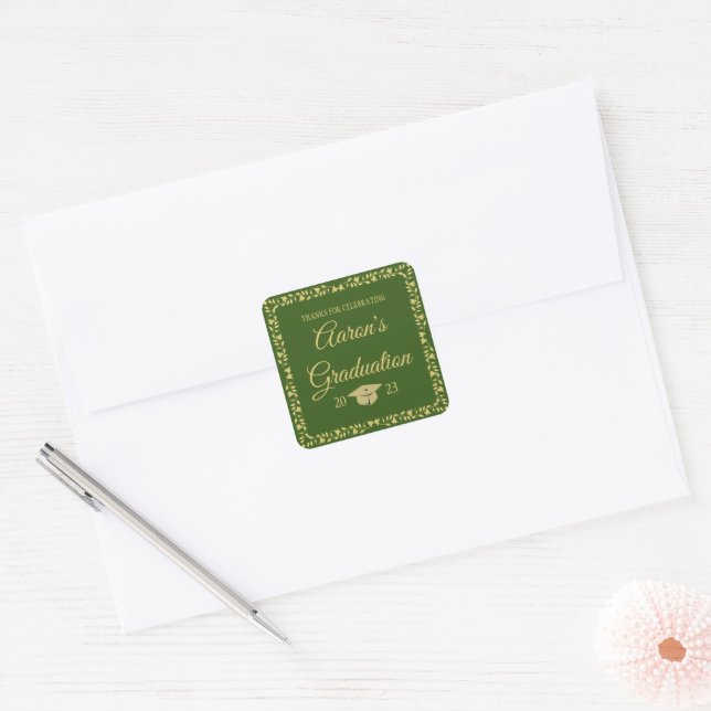 Classy Stylish Gold on Green Graduation Thank You Square Sticker (Envelope)