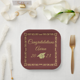 Classy Stylish Gold on Maroon Graduation Party Paper Plate