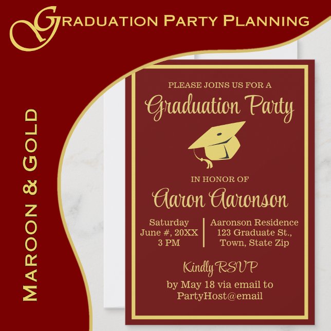 Classy Stylish Gold on Maroon Graduation Photo  (A maroon and gold color scheme brings elegance to your graduation party.  www.greencarbon2112.com)