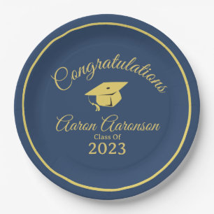 Classy Stylish Gold on Navy Graduation Personalise Paper Plate