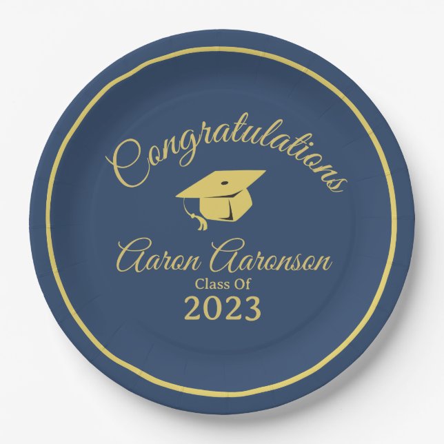 Classy Stylish Gold on Navy Graduation Personalise Paper Plate (Front)