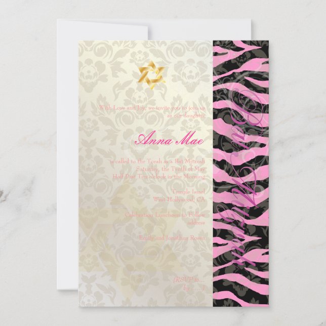 Classy + Stylish Zebra/Damask Bat Mitzvah Invitation (Front)