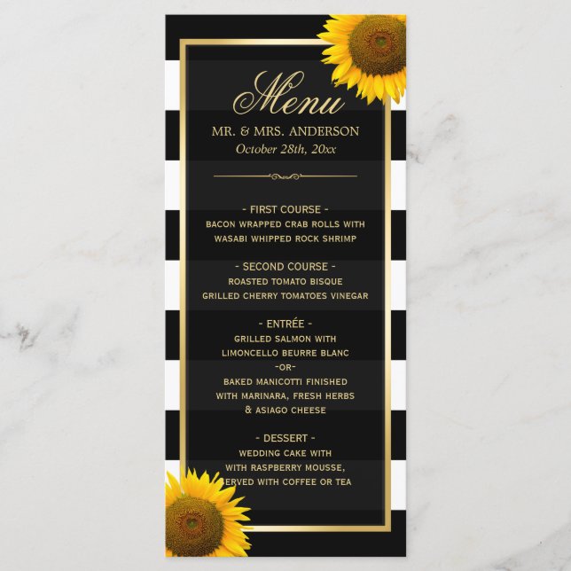 Classy Sunflowers Black White Striped Wedding Menu (Front)