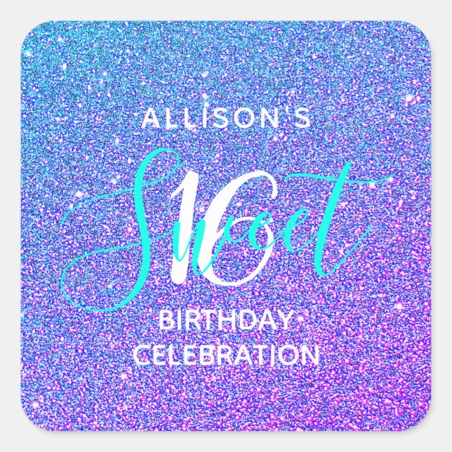 Classy Sweet 16 Teal Purple Glitter Ombre Name Square Sticker (Front)
