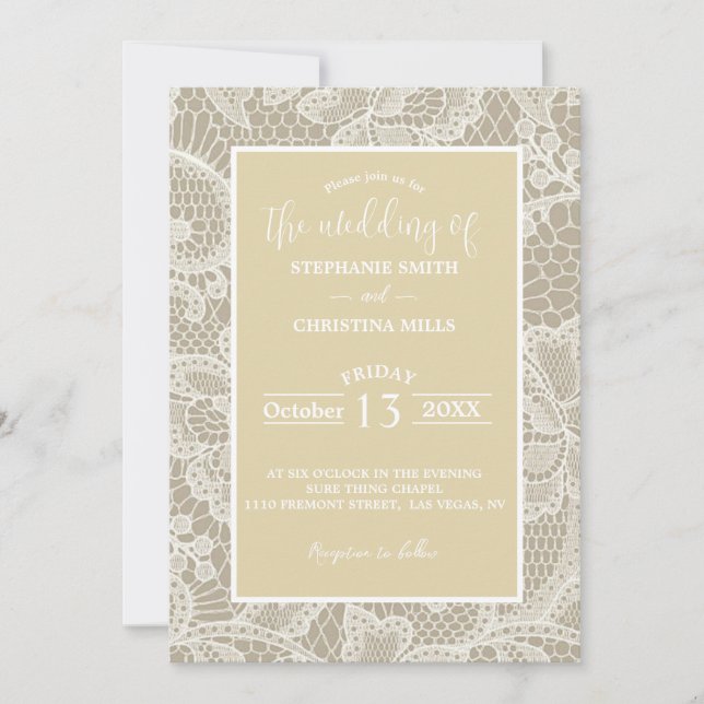 Classy Tan Lace Wedding Invitation (Front)