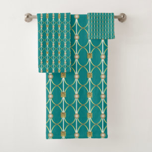 Classy Teal Blue And Gold Geometric Pattern Bath Towel Set