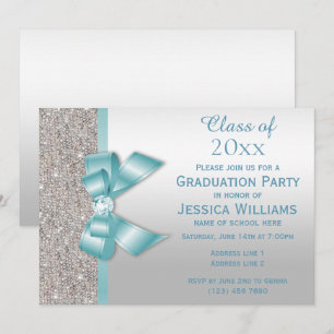 Classy Teal Gem Bow, Silver Sequins Graduation Invitation