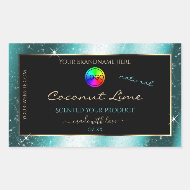 Classy Teal Glitter Frame Product Label with Logo (Front)
