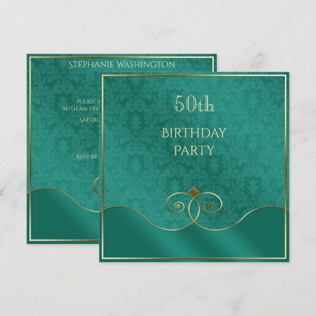 Classy Teal & Gold Swirls, Damask 50th Birthday Invitation (Front/Back)