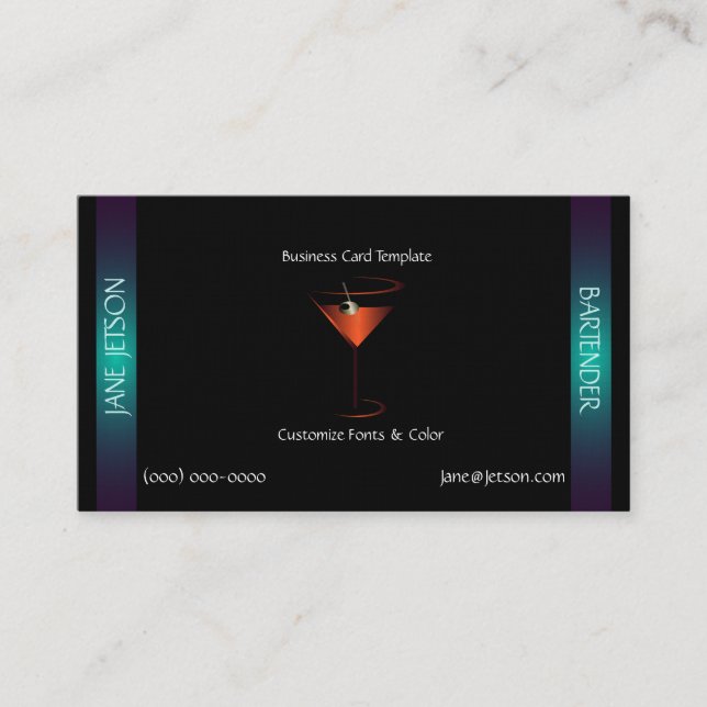 Classy Teal Metallic Martini Bartender Template Business Card (Front)