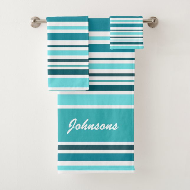 Classy Teal Striped Monogram Bath Towel Set (Insitu)